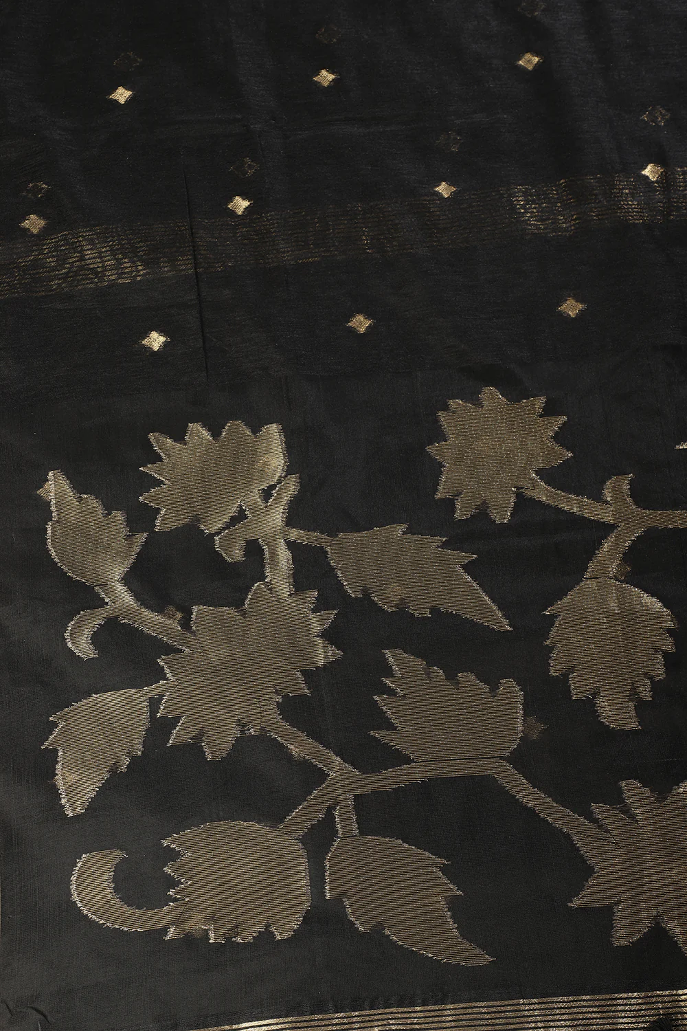 Black Tussar Silk Floral Zari Woven Saree - Image 2