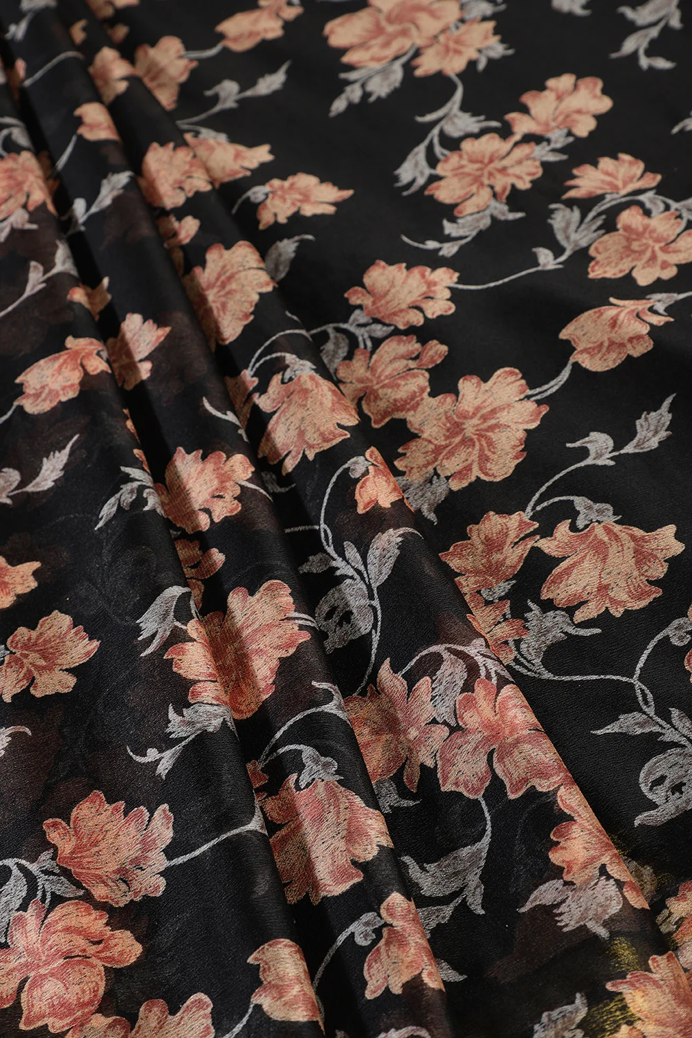 Black Zari Border & Floral Printed Chiffon Saree - Image 3