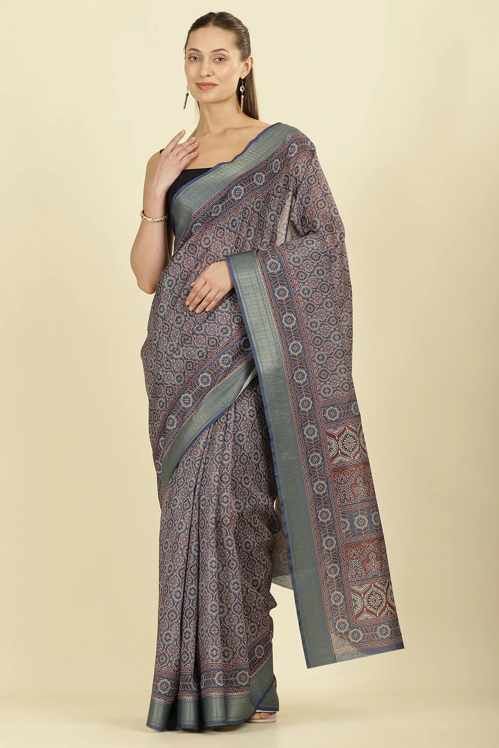Blue Ajrakh Block Printed Cotton Saree - Image 2