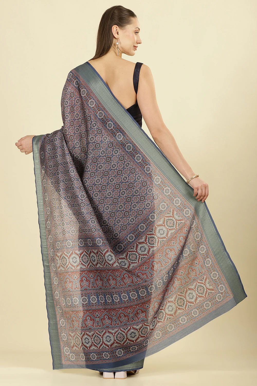 Blue Ajrakh Block Printed Cotton Saree - Image 3