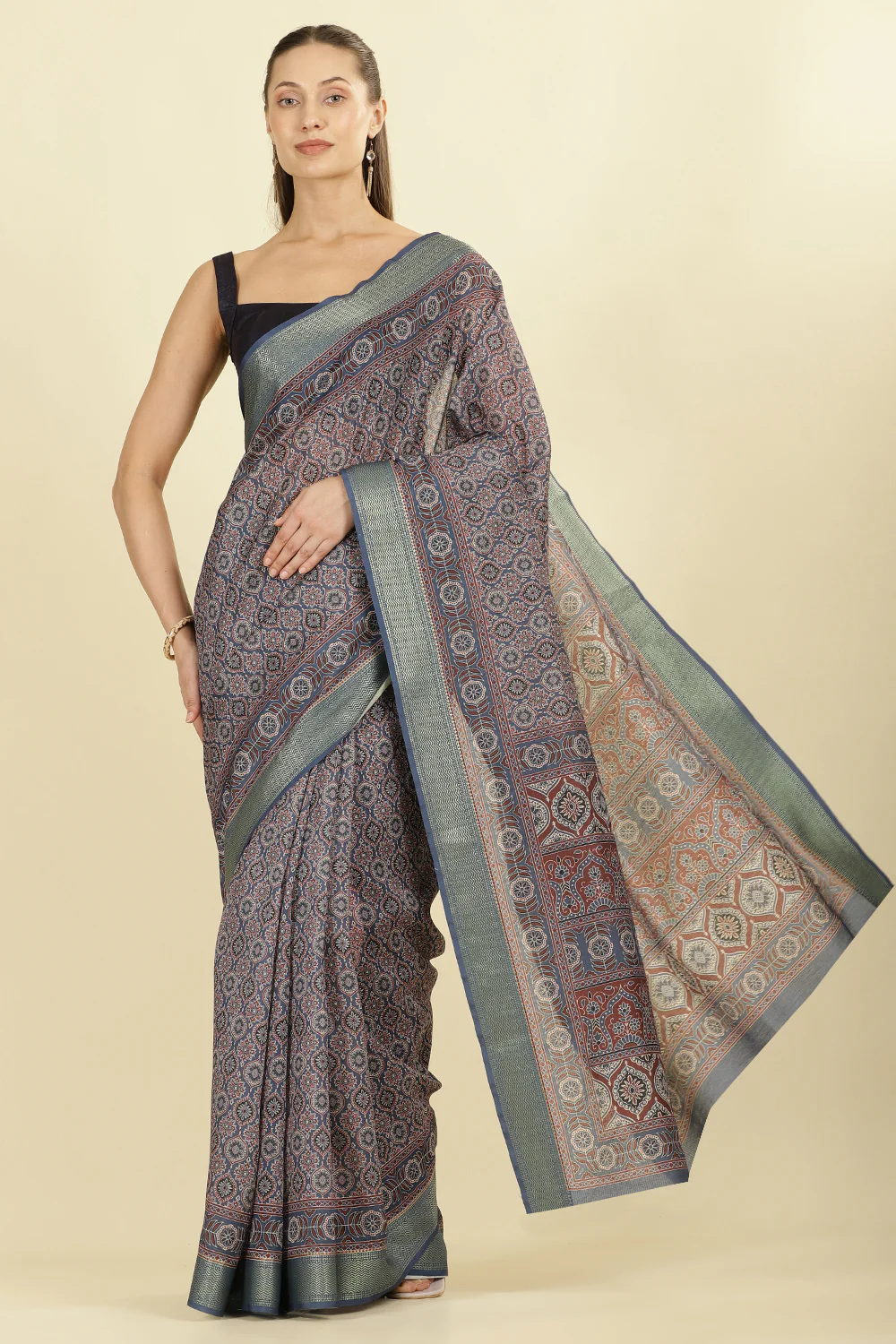 Blue Ajrakh Block Printed Cotton Saree - Image 4