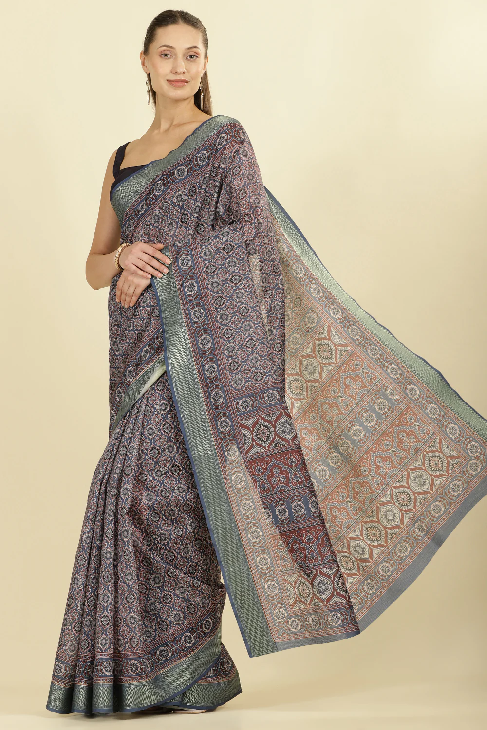 Blue Ajrakh Block Printed Cotton Saree - Image 5