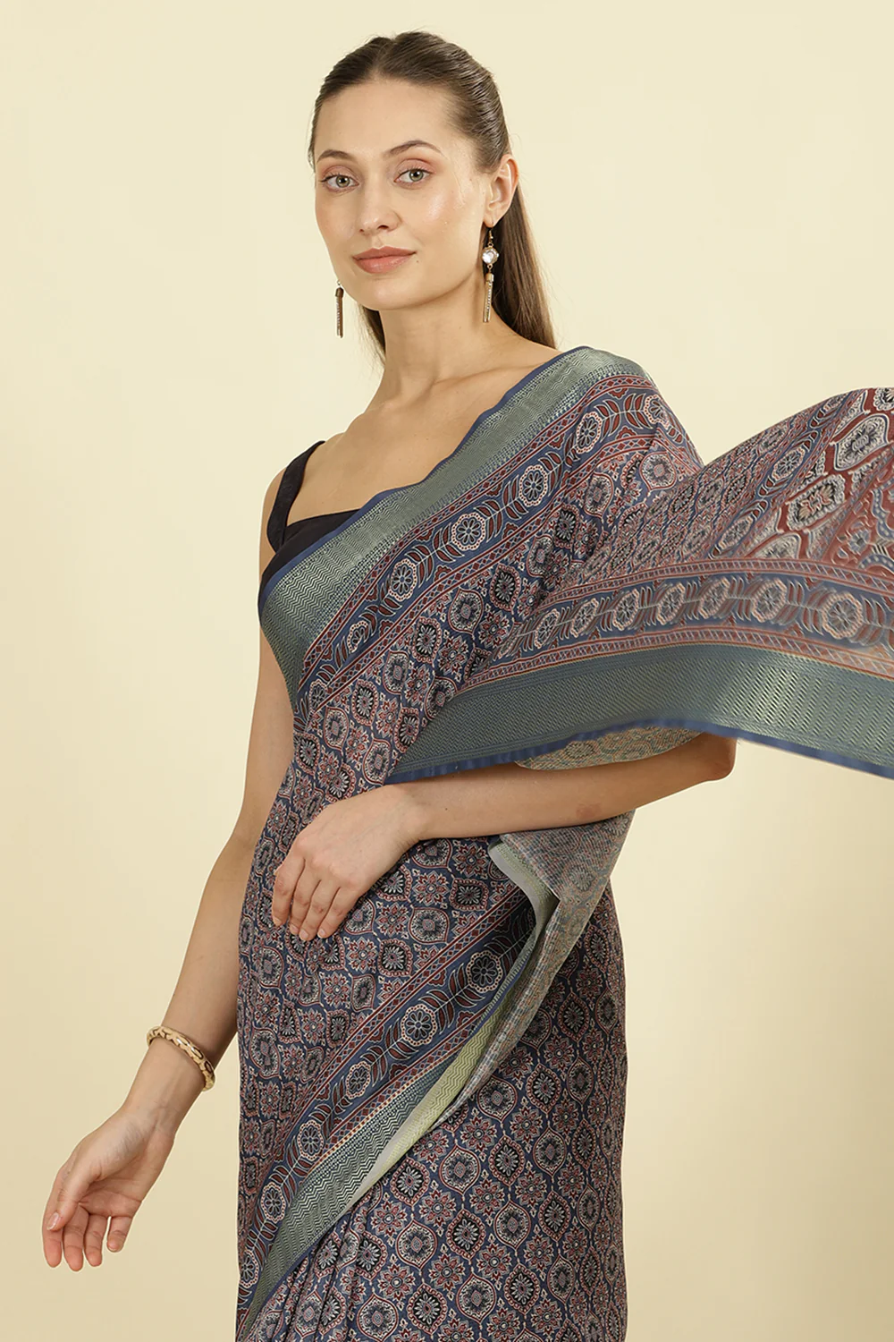 Blue Ajrakh Block Printed Cotton Saree - Image 6