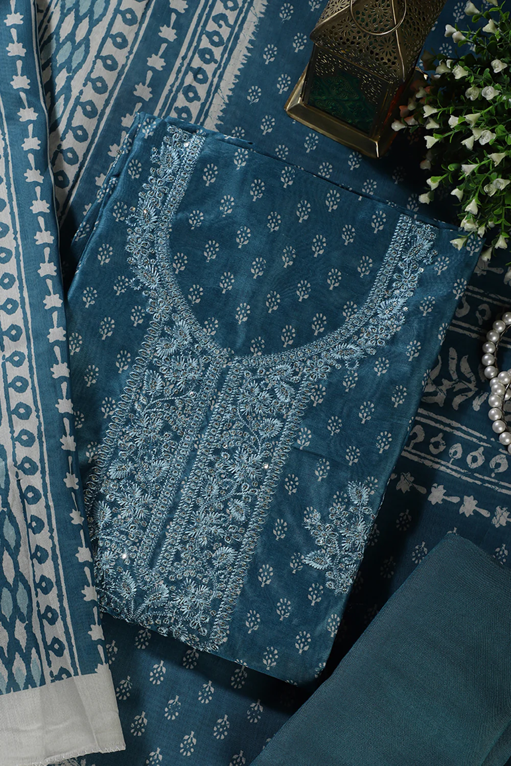 Blue Chanderi Silk Printed And Embroidered Unstitched Suit Material - Image 2