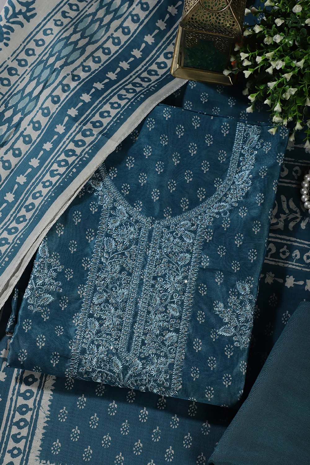 Blue Chanderi Silk Printed And Embroidered Unstitched Suit Material - Image 3