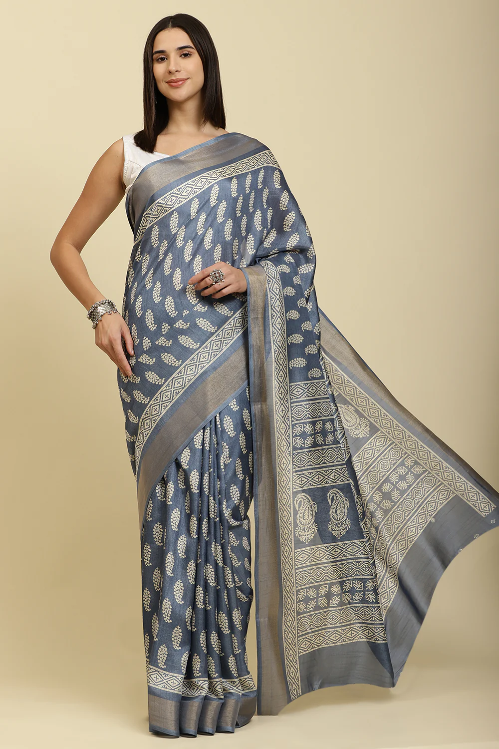 Blue Color Cotton Silk Boota Printed And Zari Woven Saree - Image 2