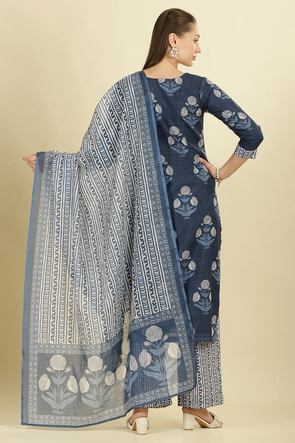 Blue Cotton Hacoba Style Printed Unstitched Suit Material - Image 3