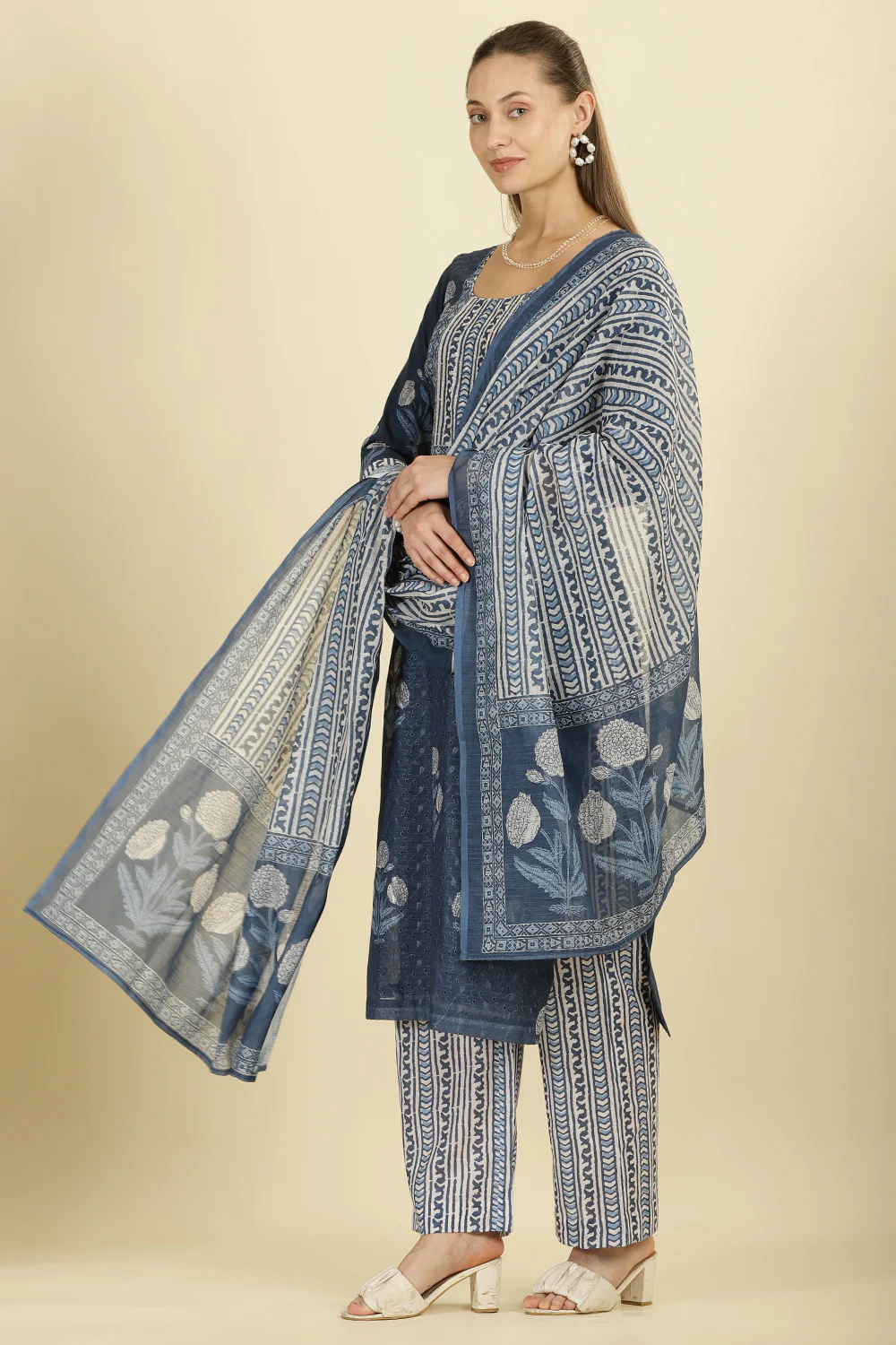 Blue Cotton Hacoba Style Printed Unstitched Suit Material - Image 4