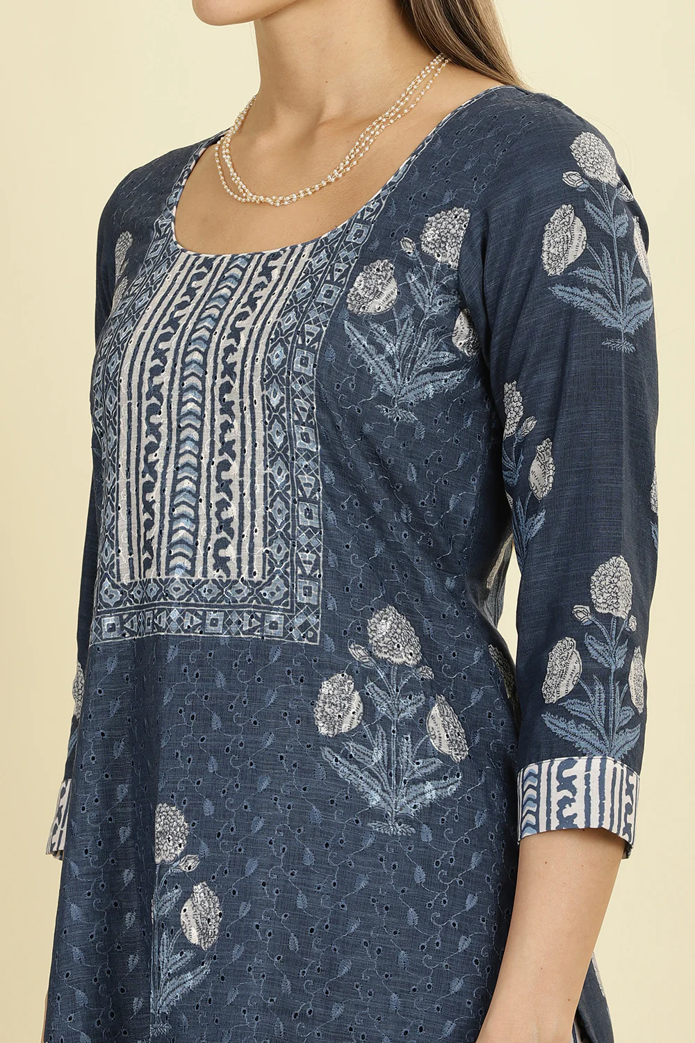 Blue Cotton Hacoba Style Printed Unstitched Suit Material - Image 6