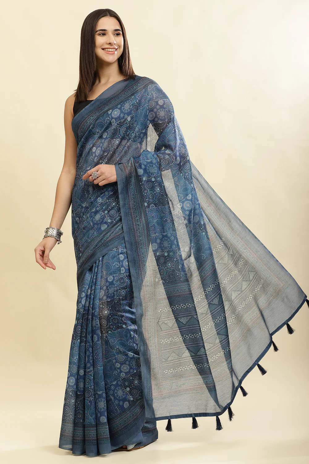 Blue Cotton Silk Printed Saree - Image 2