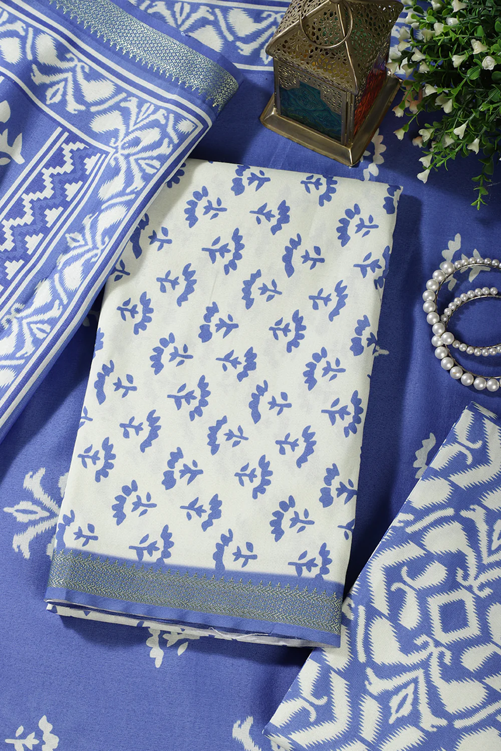 Blue Floral Block Print Cotton Unstitched Suit Fabric - Image 2