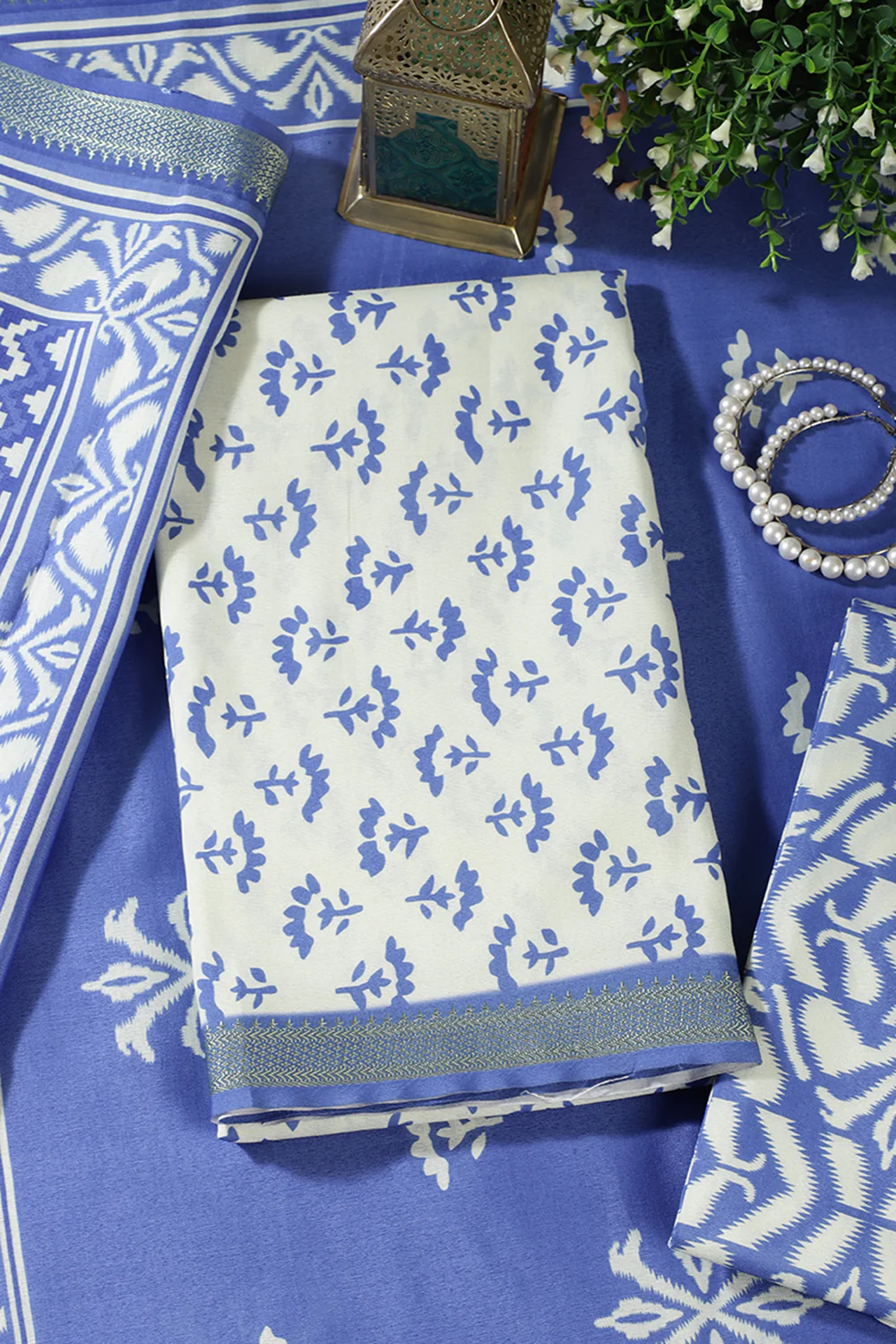 Blue Floral Block Print Cotton Unstitched Suit Fabric - Image 3