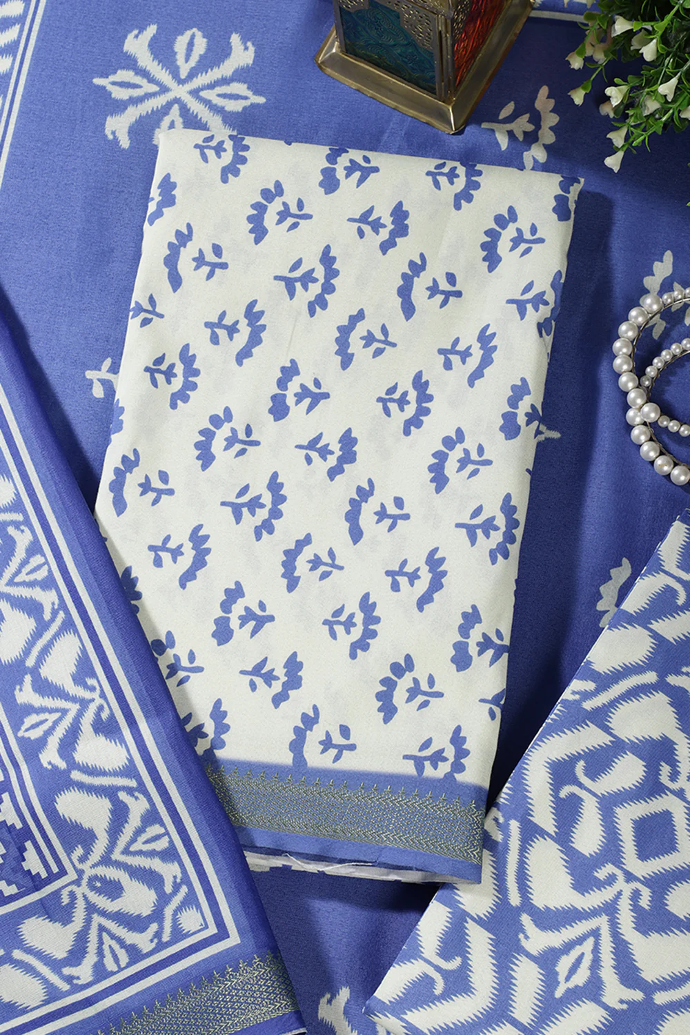 Blue Floral Block Print Cotton Unstitched Suit Fabric - Image 4