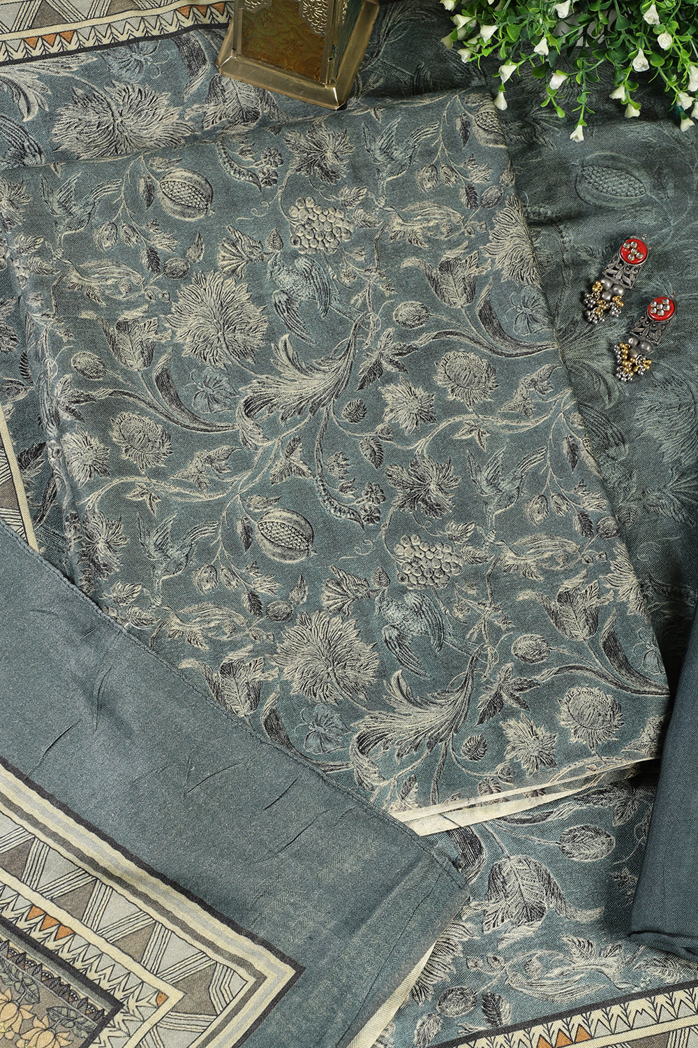 Blue Floral Printed Spun Unstitched Suit Material - Image 4