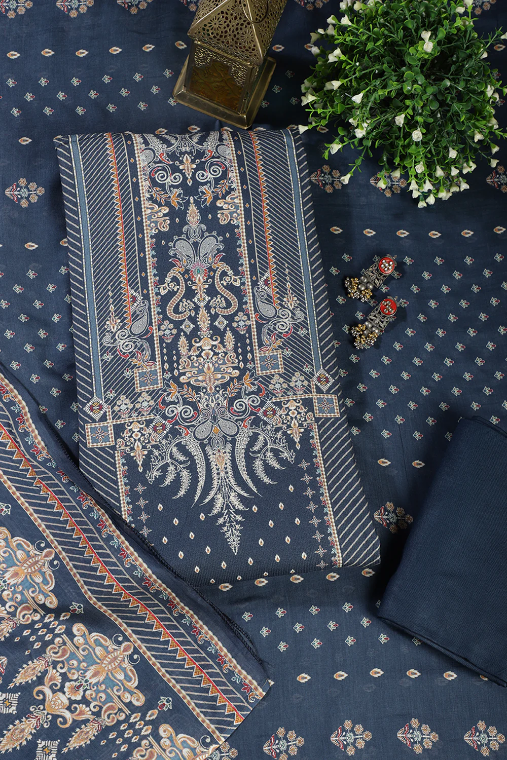 Blue Mughal-Inspired Paisley Printed Spun Unstitched Suits Fabric
