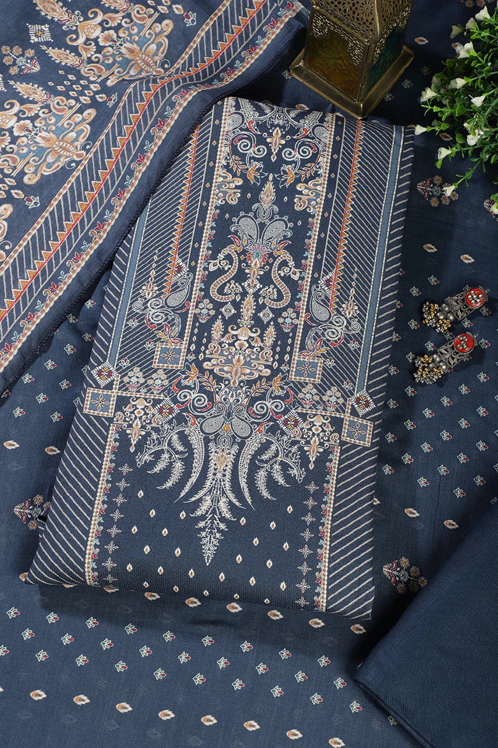 Blue Mughal-Inspired Paisley Printed Spun Unstitched Suits Fabric - Image 2