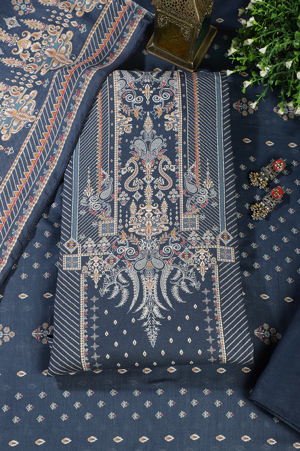 Blue Mughal-Inspired Paisley Printed Spun Unstitched Suits Fabric - Image 3