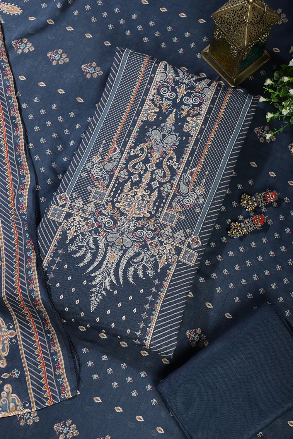 Blue Mughal-Inspired Paisley Printed Spun Unstitched Suits Fabric - Image 4