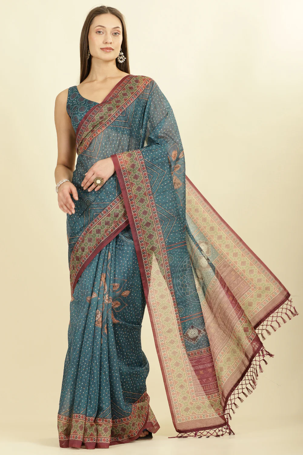 Blue Organza Cotton Bandhani Block Printed Saree