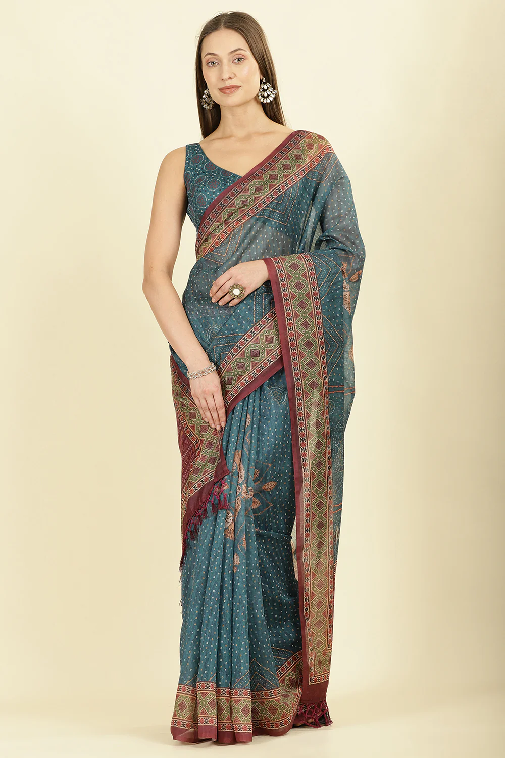 Blue Organza Cotton Bandhani Block Printed Saree - Image 2