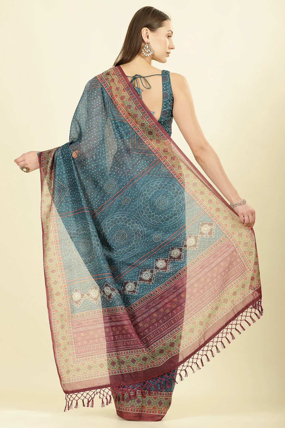 Blue Organza Cotton Bandhani Block Printed Saree - Image 3