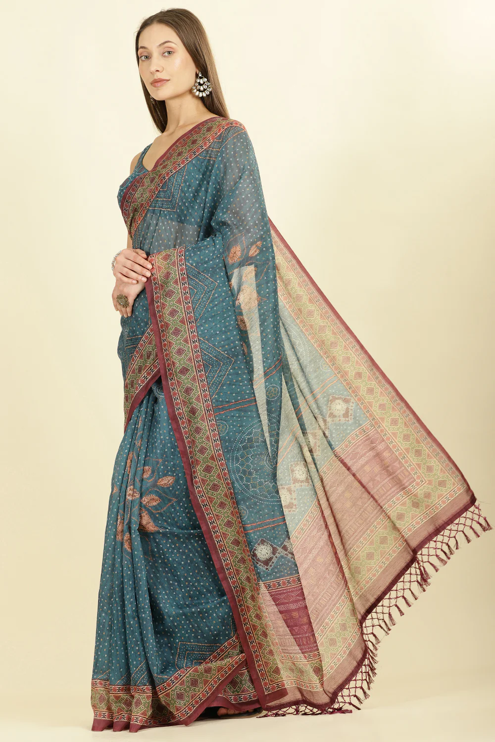 Blue Organza Cotton Bandhani Block Printed Saree - Image 4