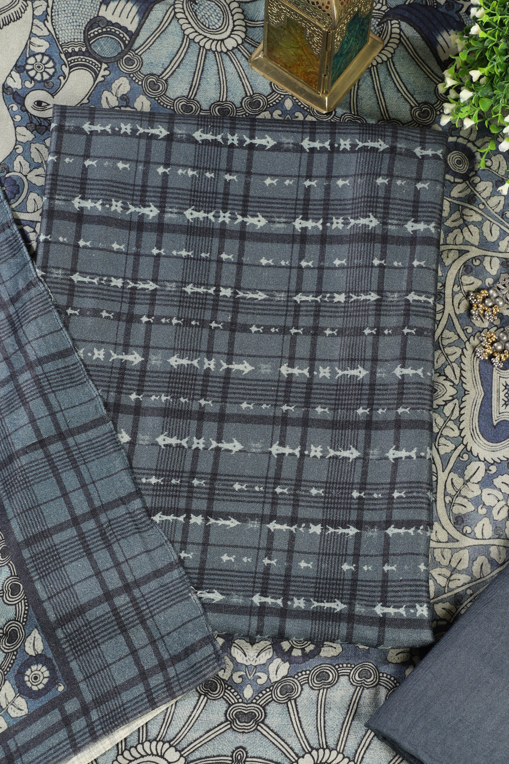 Blue Printed Spun Unstitched Suit Fabric - Image 3