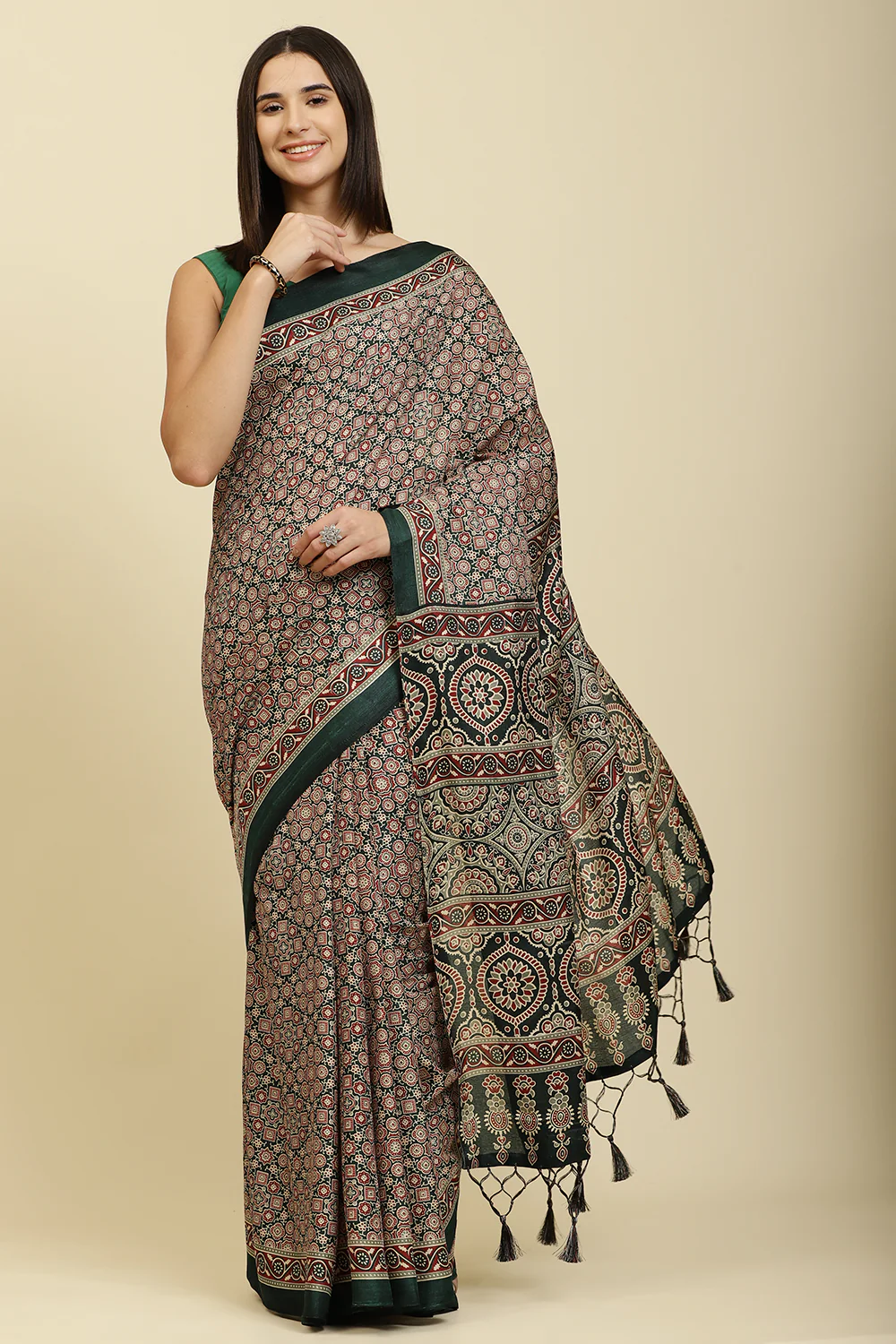 Bottle Green Cotton Silk Ajrakh Block Printed Saree - Image 5