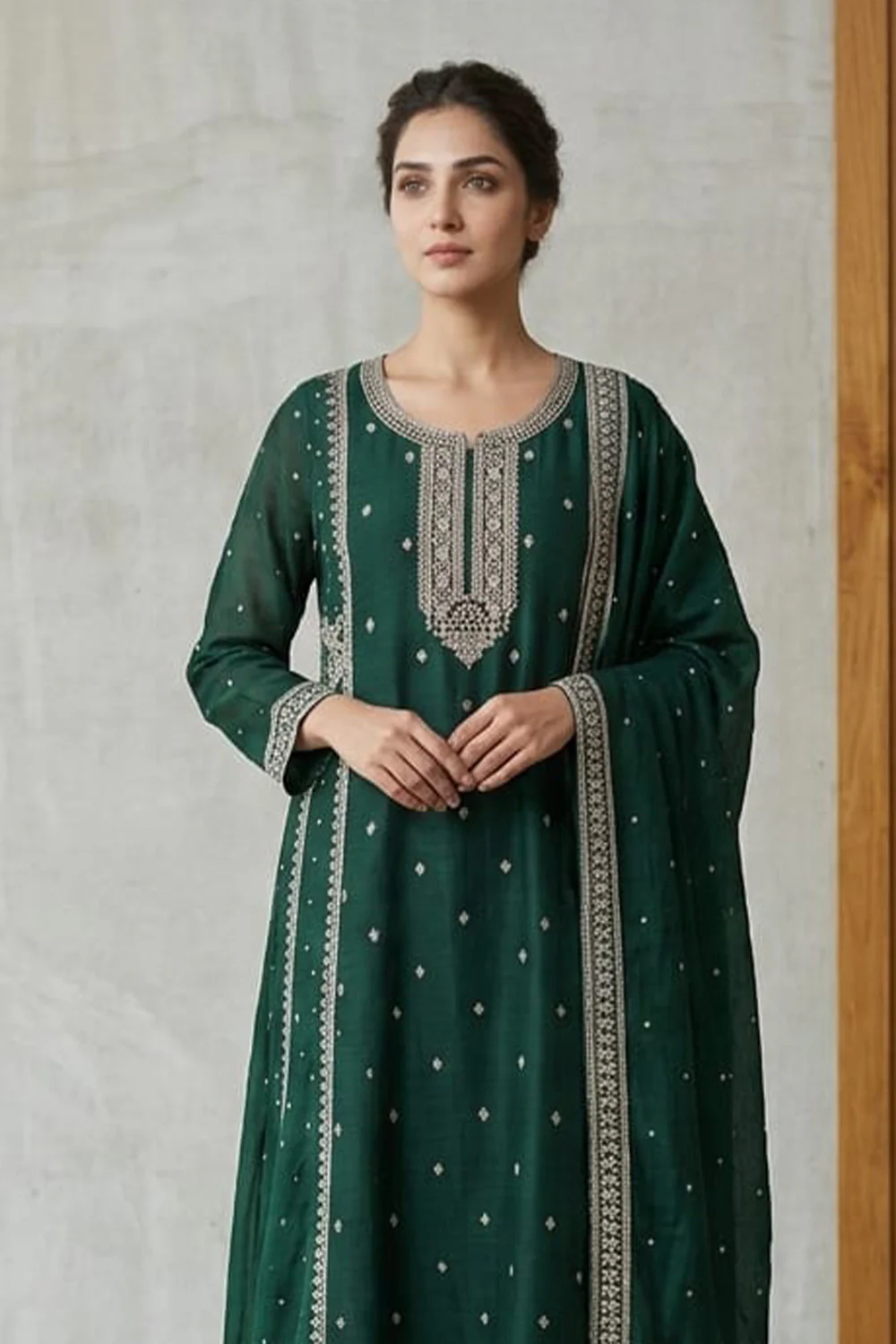 Bottle Green Crepe Silk Zari and Sequins Embroidered Anarkali Suit - Image 2