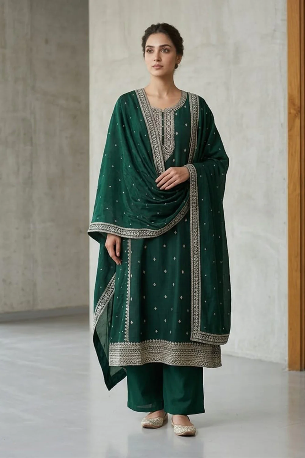 Bottle Green Crepe Silk Zari and Sequins Embroidered Anarkali Suit - Image 3