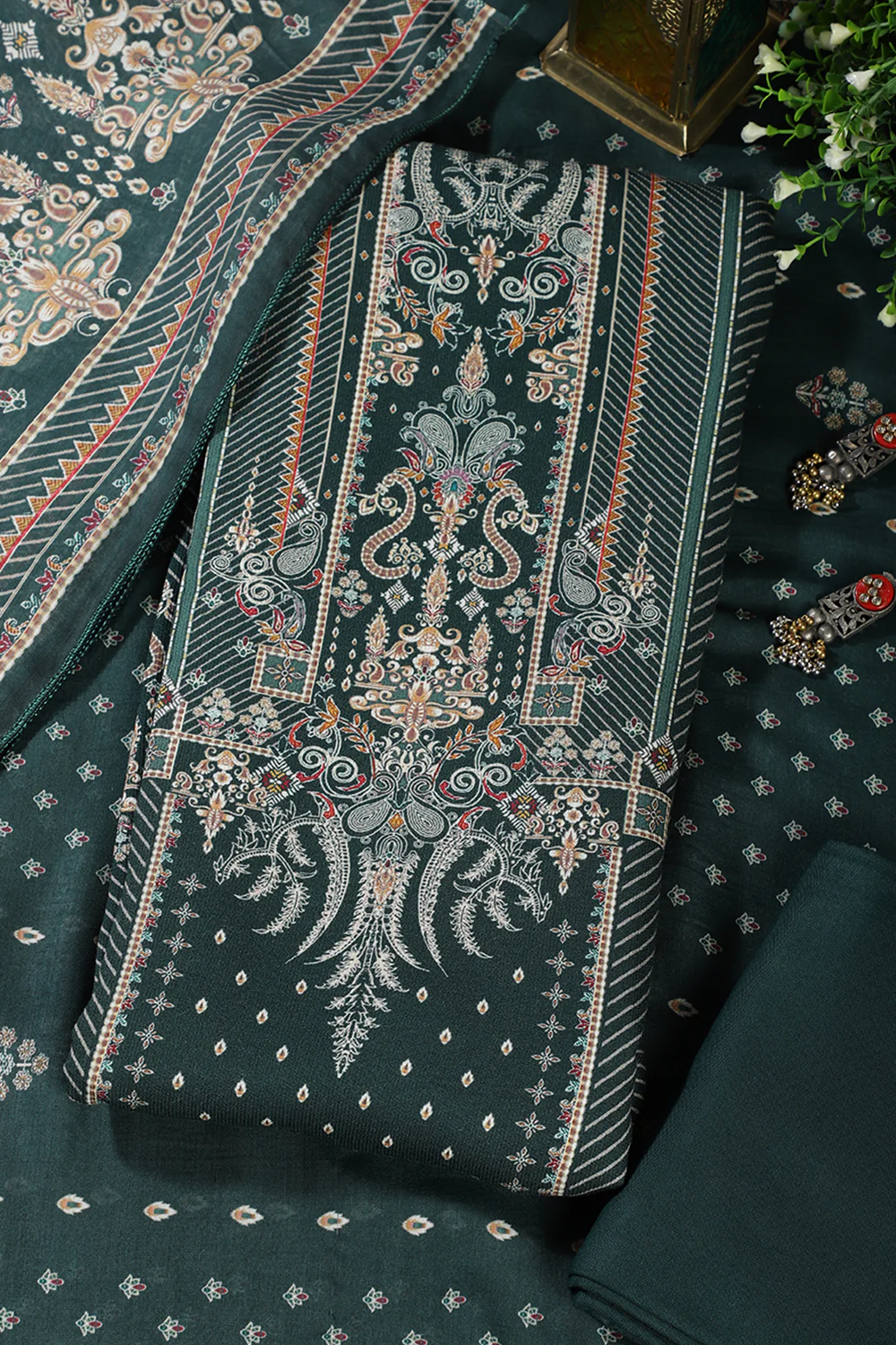 Bottle Green Mughal-Inspired Paisley Printed Spun Unstitched Suits Fabric - Image 3