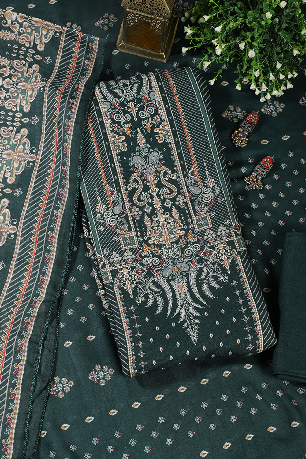 Bottle Green Mughal-Inspired Paisley Printed Spun Unstitched Suits Fabric - Image 4
