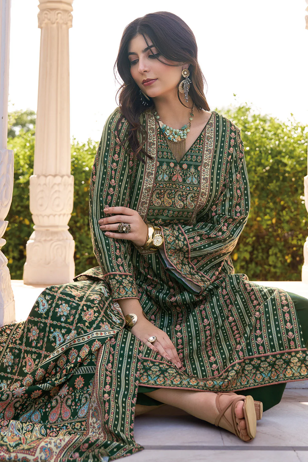 Bottle Green Spun Mughal-Inspired Paisley Printed Unstitched Suits Material - Image 3