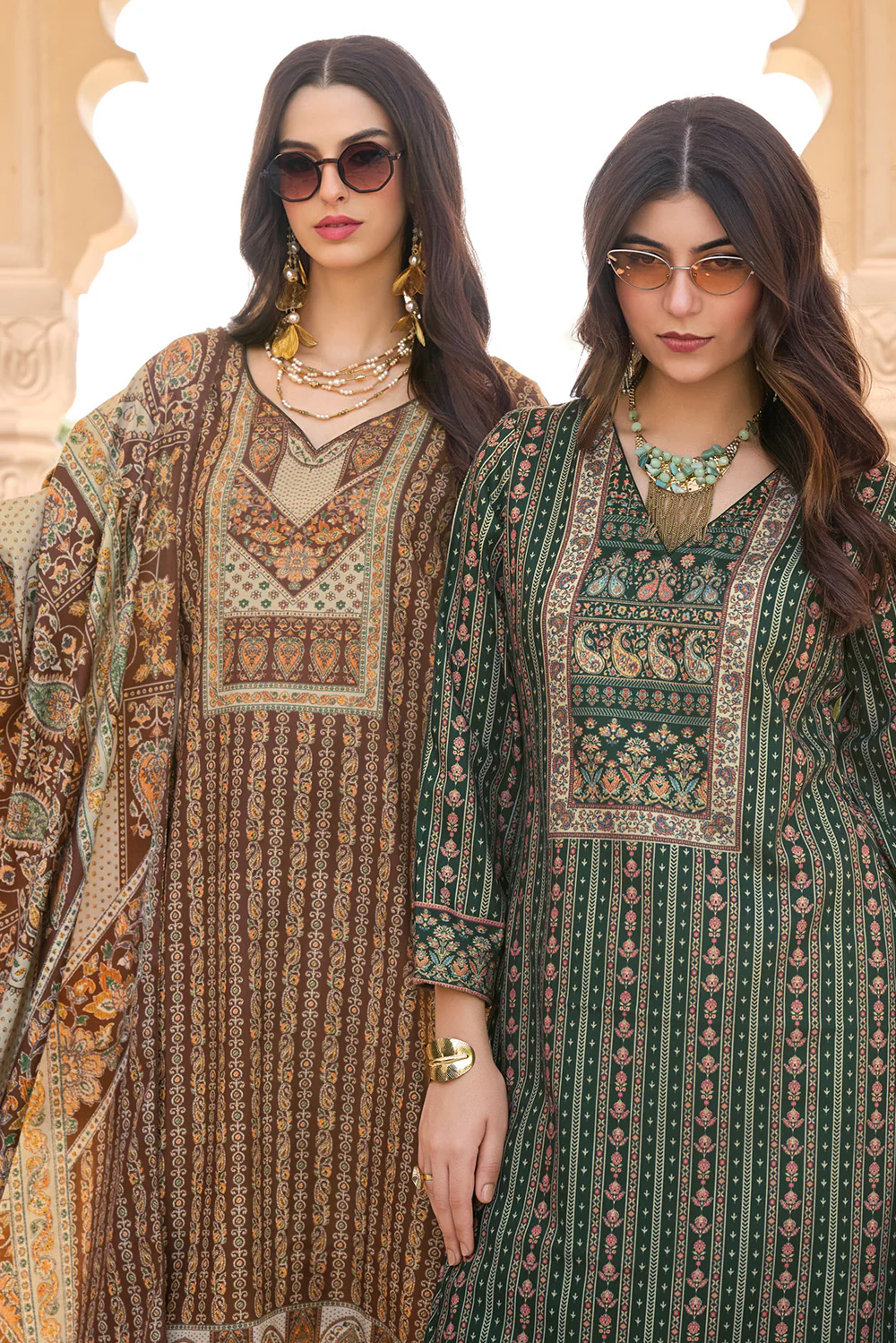 Bottle Green Spun Mughal-Inspired Paisley Printed Unstitched Suits Material - Image 4