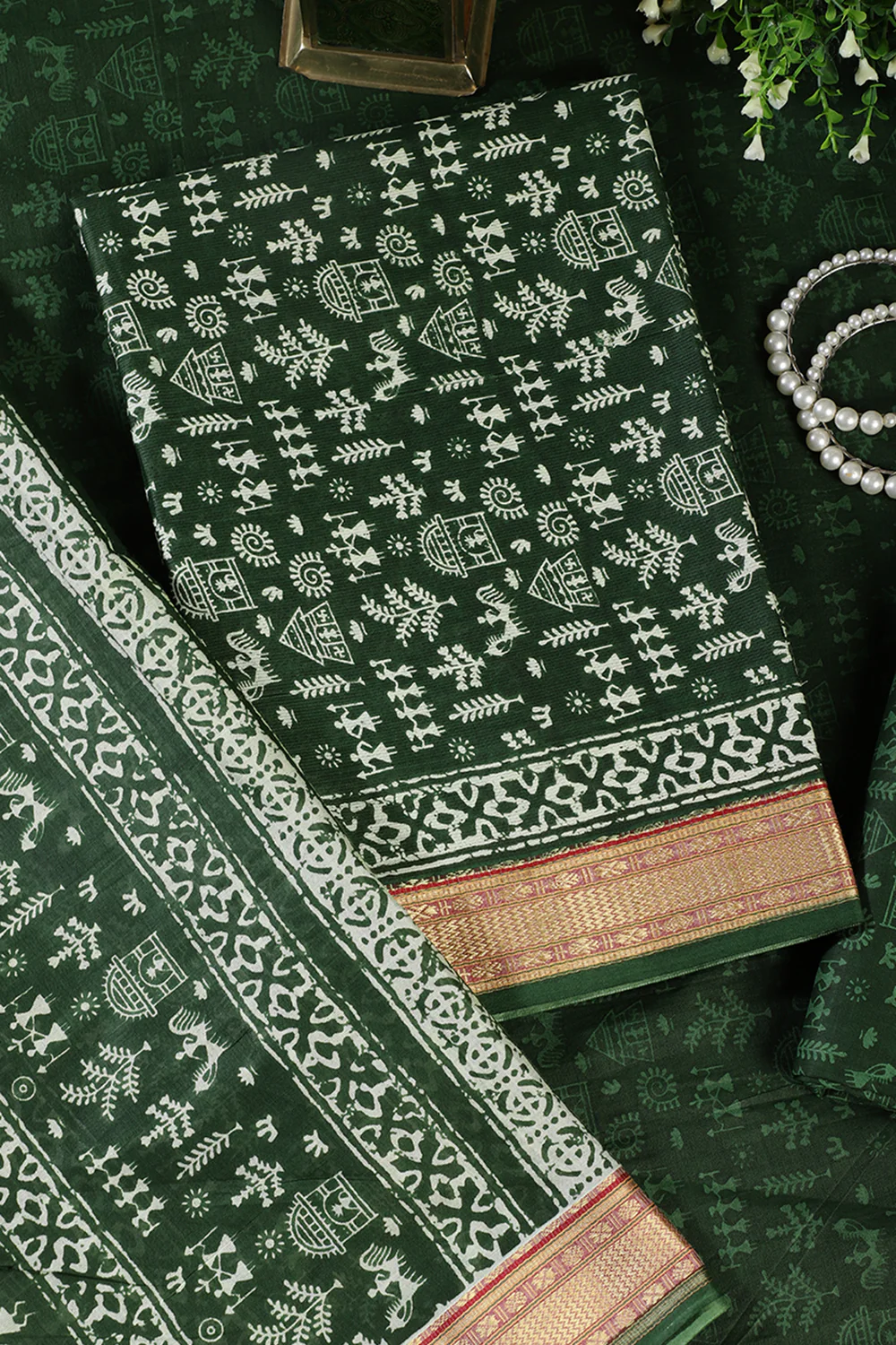 Bottle Green Warli Print Cotton Unstitched Suit Material - Image 2