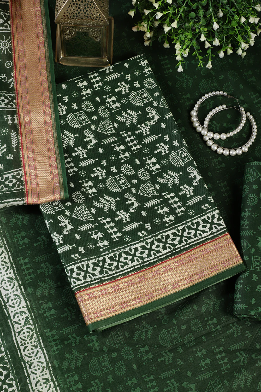 Bottle Green Warli Print Cotton Unstitched Suit Material - Image 4