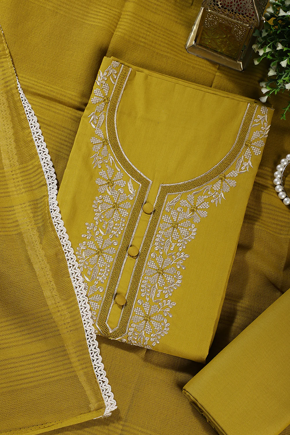 Brass Color Cotton Resham Embroidered Unstitched Suit - Image 2