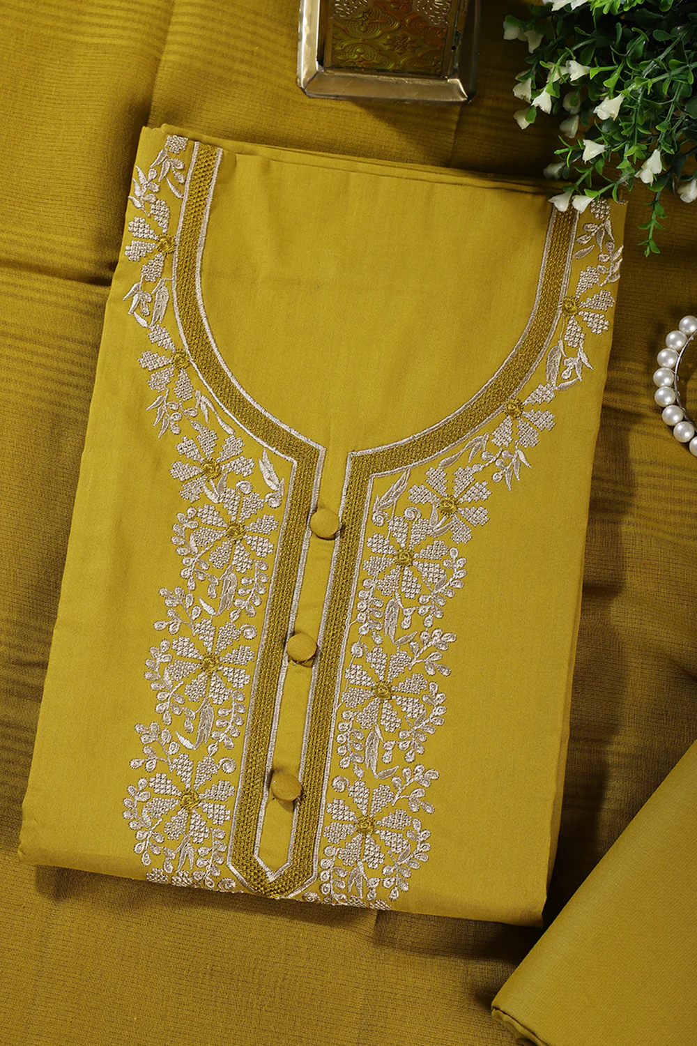 Brass Color Cotton Resham Embroidered Unstitched Suit - Image 3