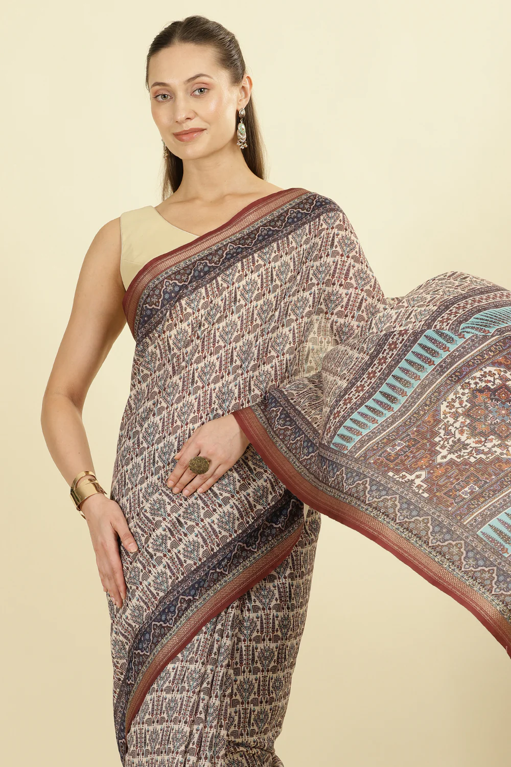 Brown Ajrakh Block Printed Cotton Saree - Image 6