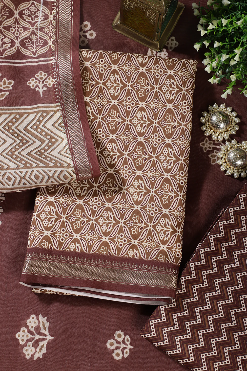 Brown Cotton Ajrakh Block Print Unstitched Suit Material - Image 3
