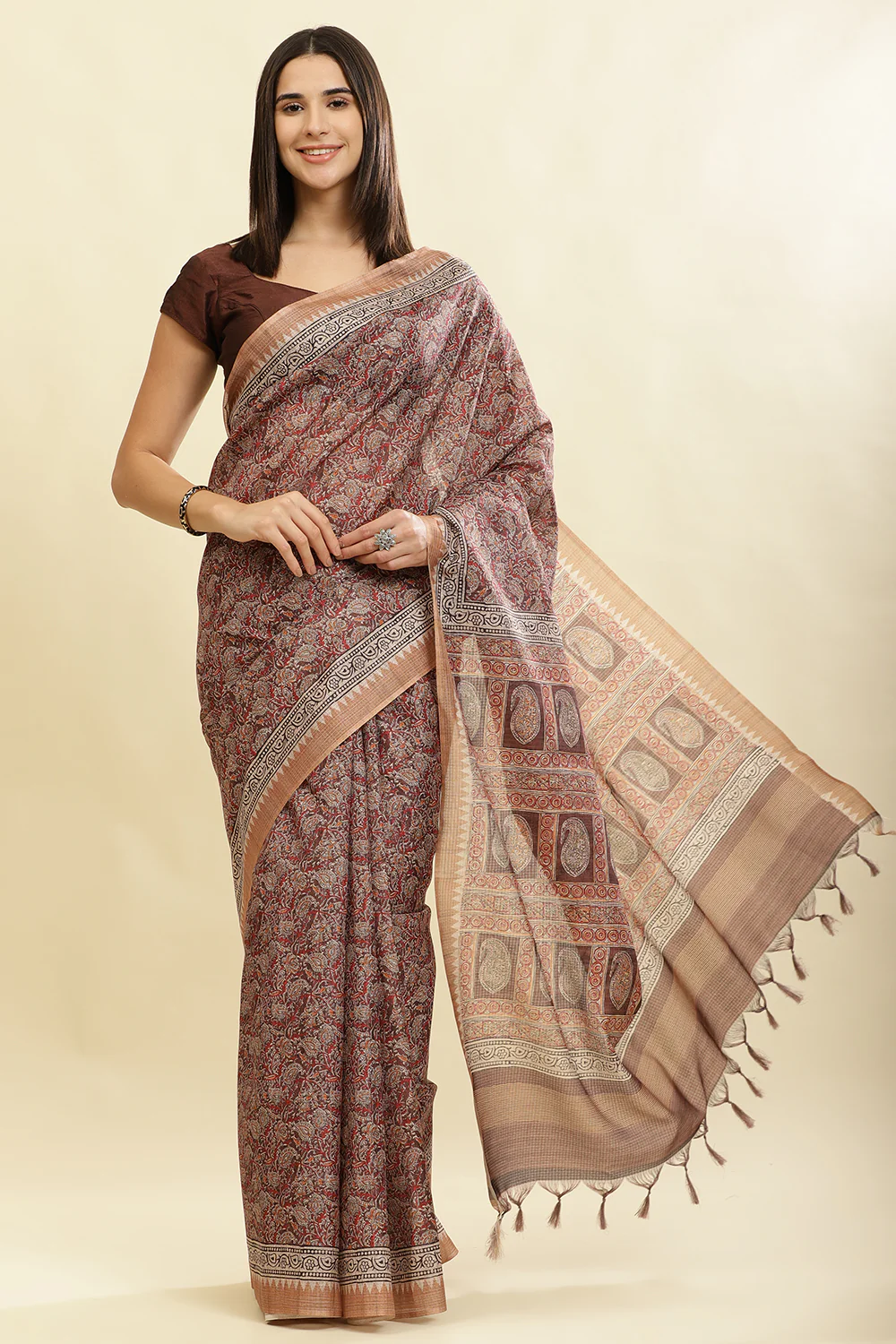 Brown Cotton Silk Floral Boota Printed Saree - Image 2