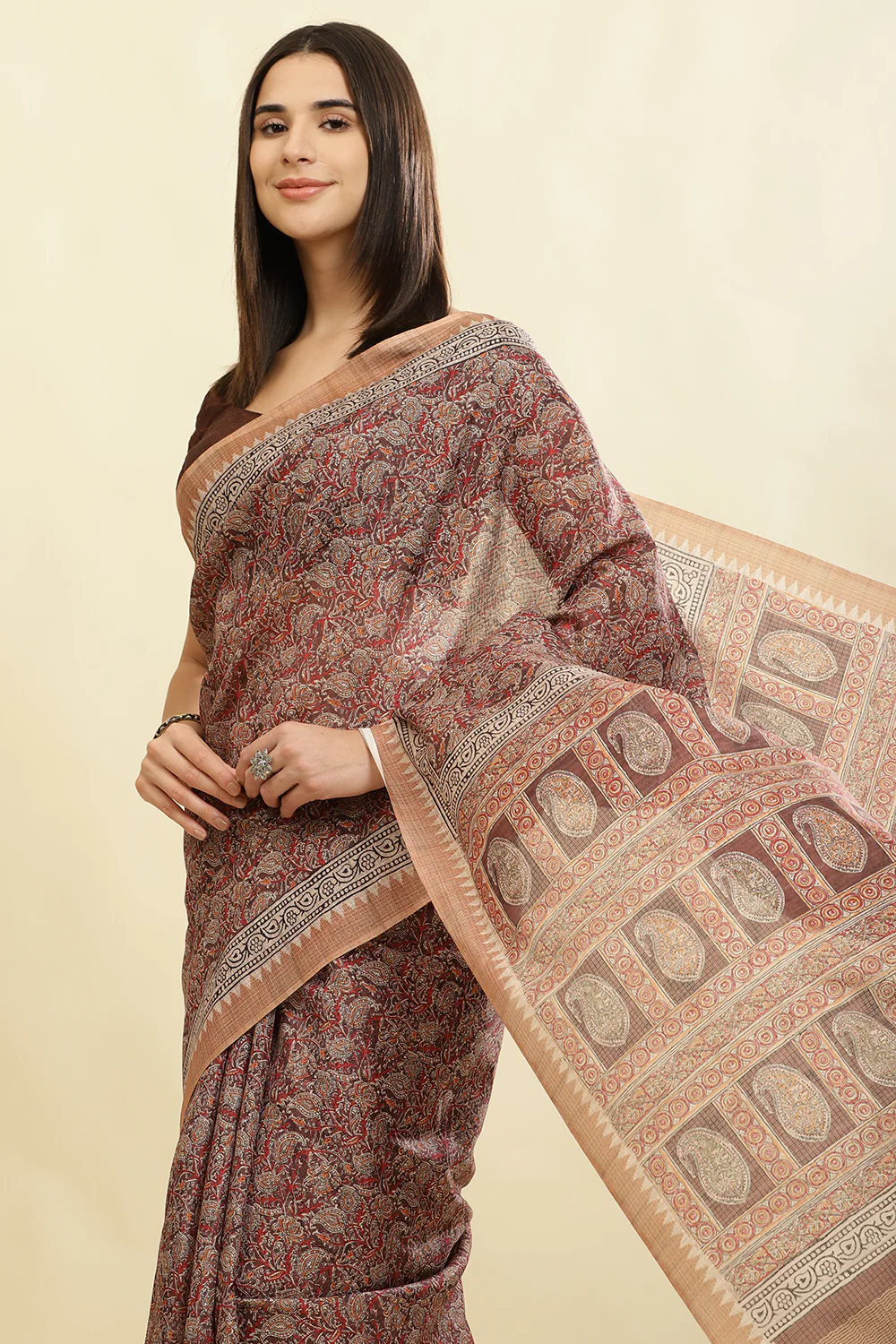 Brown Cotton Silk Floral Boota Printed Saree - Image 6