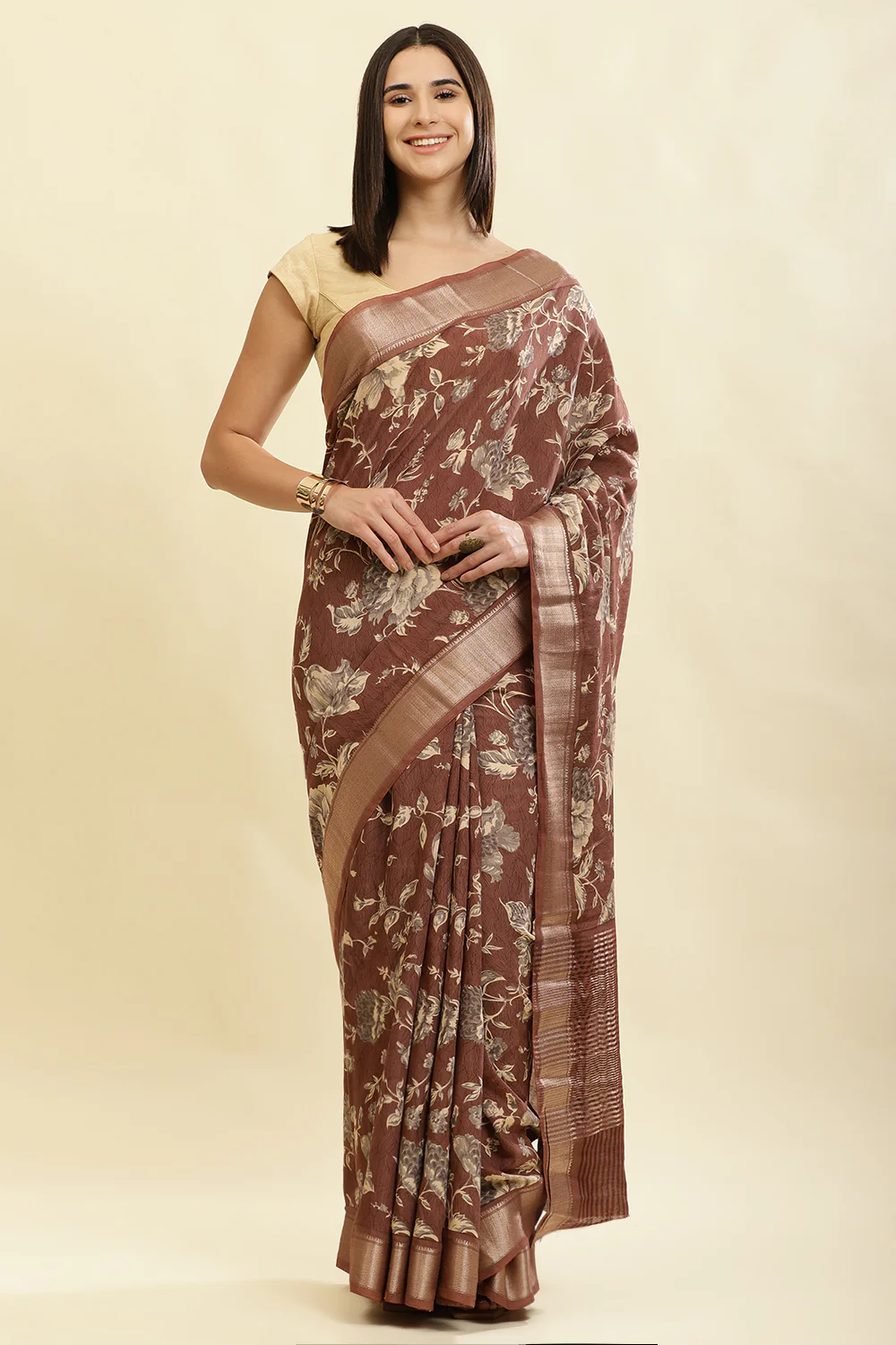 Brown Cotton Silk Floral Printed & Zari Border Saree