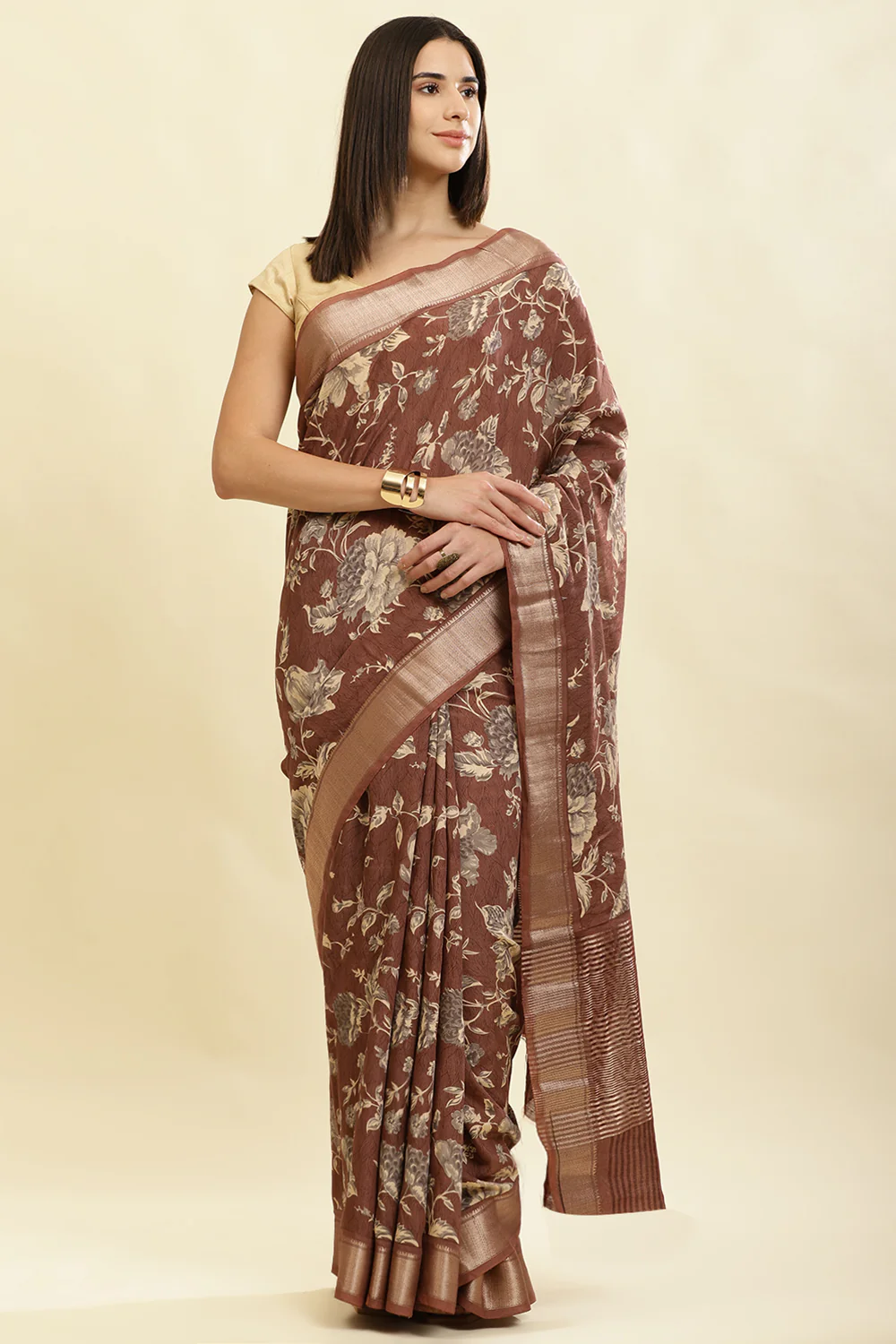 Brown Cotton Silk Floral Printed & Zari Border Saree - Image 2