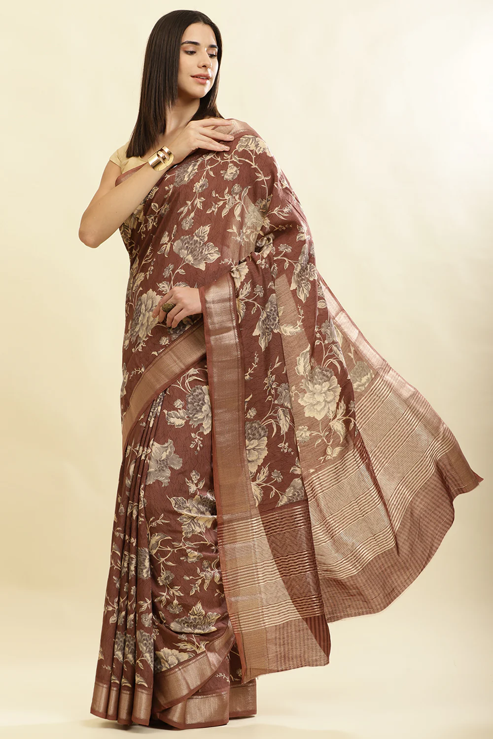 Brown Cotton Silk Floral Printed & Zari Border Saree - Image 4