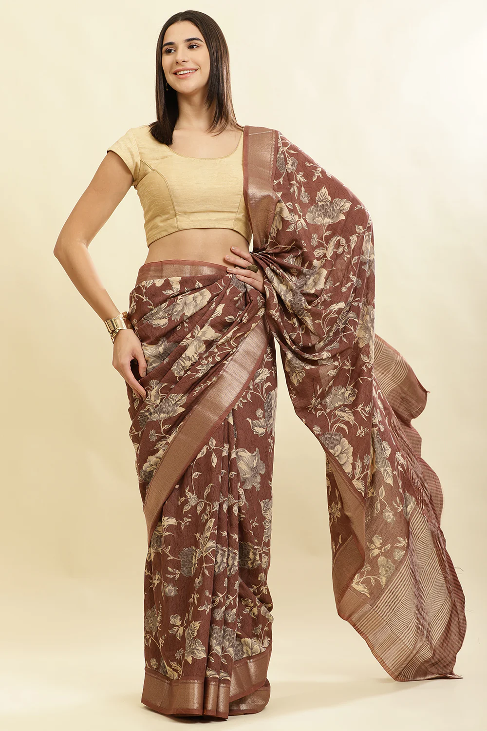 Brown Cotton Silk Floral Printed & Zari Border Saree - Image 5