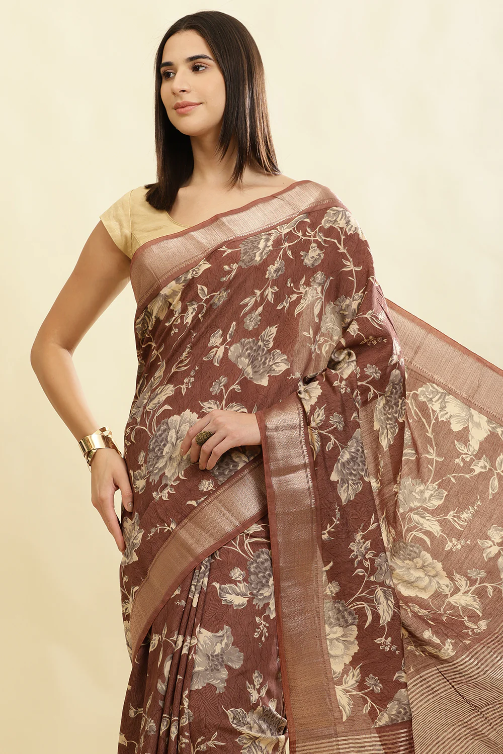 Brown Cotton Silk Floral Printed & Zari Border Saree - Image 6
