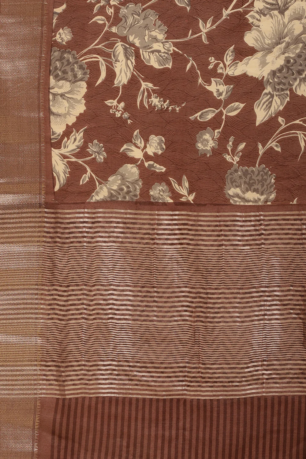 Brown Cotton Silk Floral Printed & Zari Border Saree - Image 7
