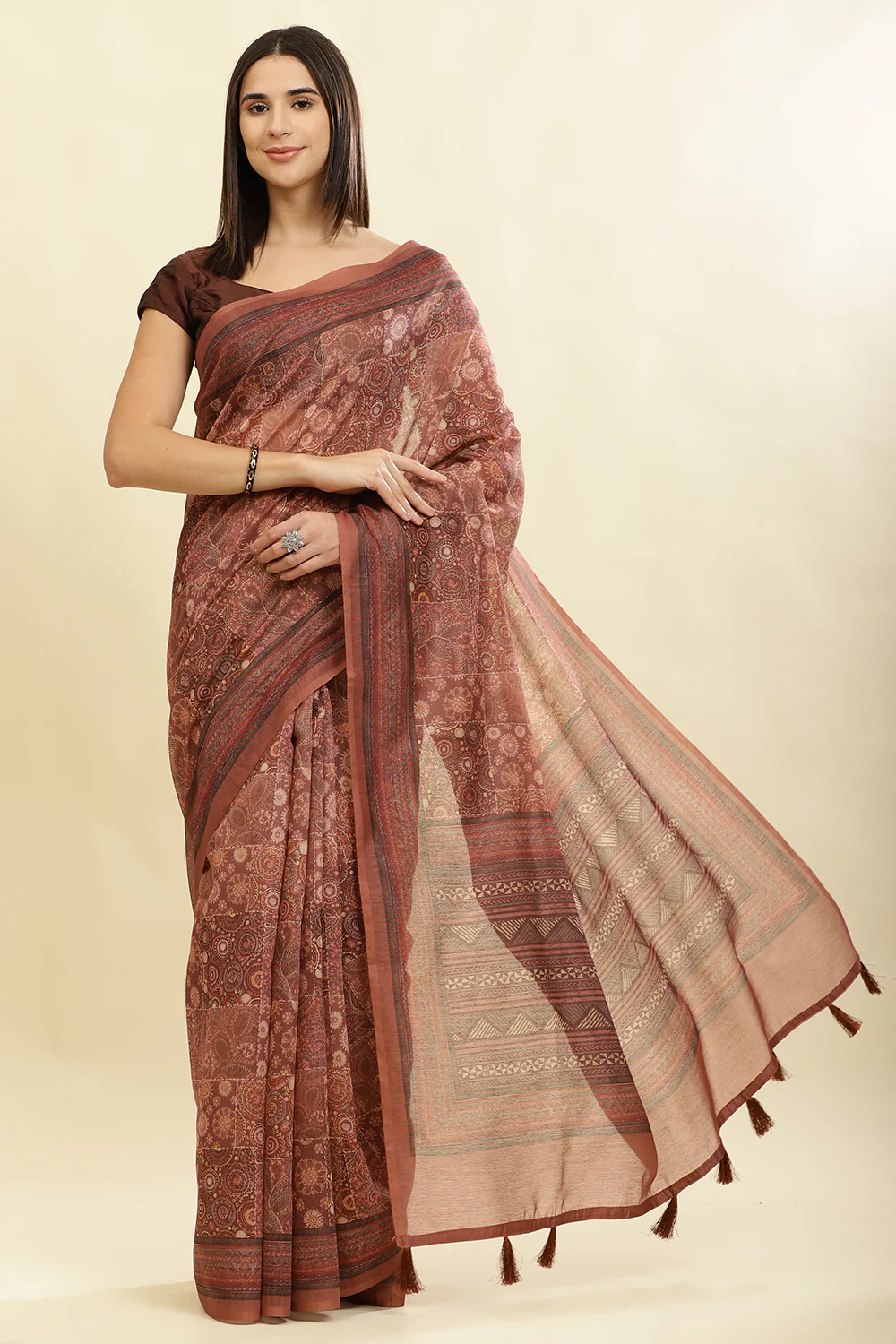 Brown Cotton Silk Printed Saree - Image 3