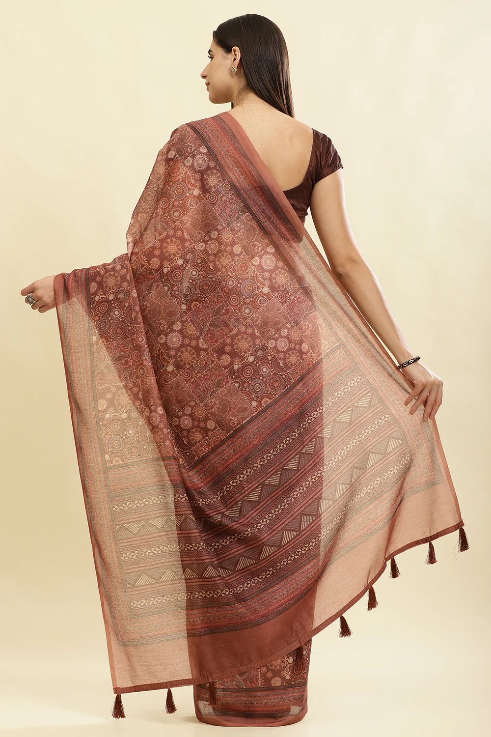 Brown Cotton Silk Printed Saree - Image 4